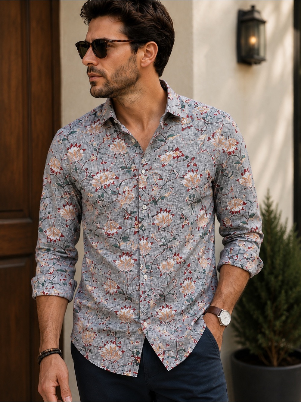 Bar III Light Gray Floral Long-Sleeve Button-Up Shirt